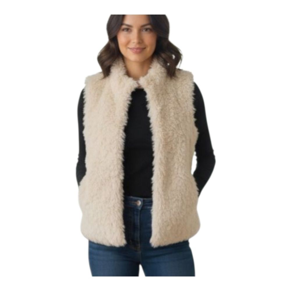 Cream Faux Fur Sleeveless Vest Pockets Hip Length Satin Lined S Hook Closure